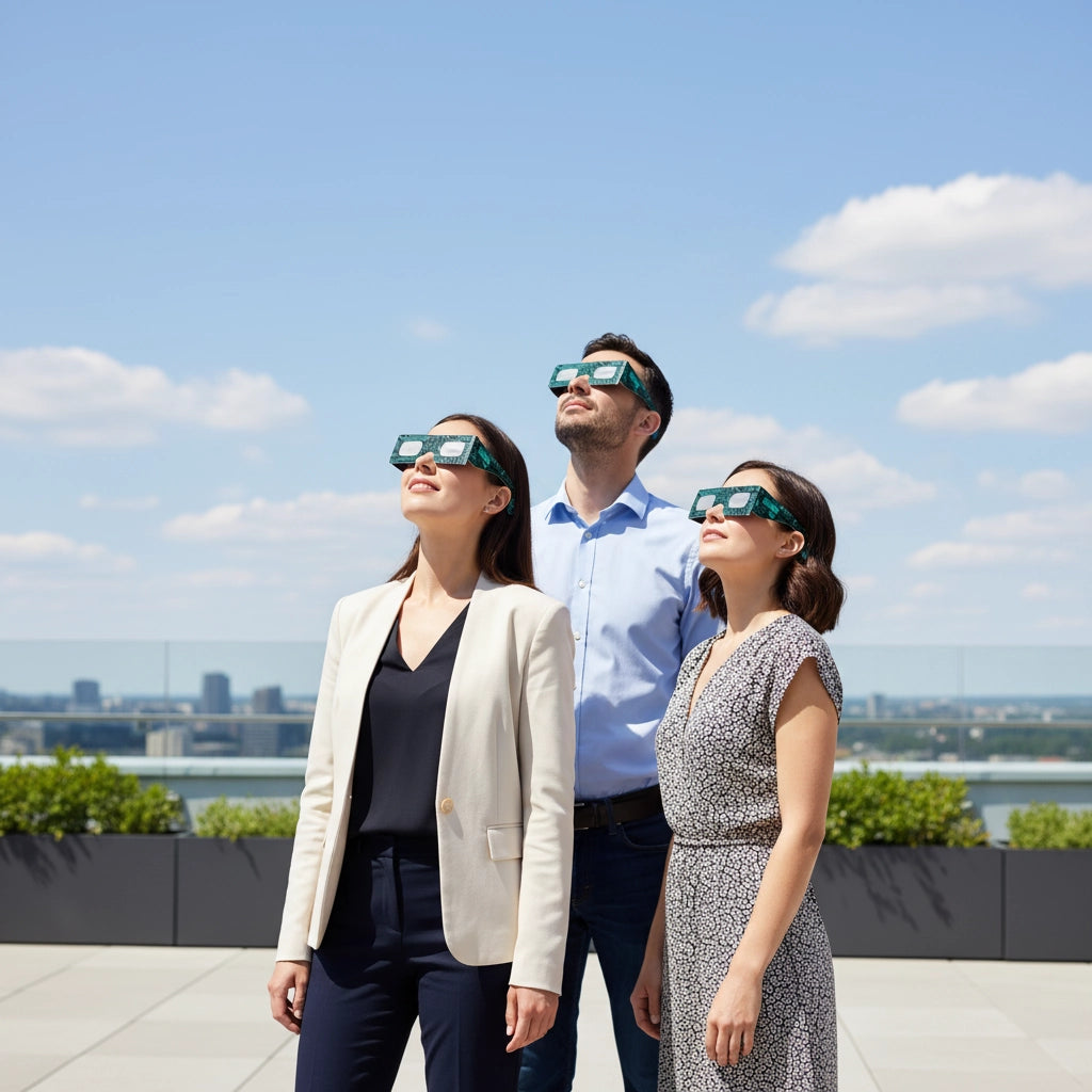 Colleagues at a tech event wearing Voltage solar eclipse glasses, gazing up at the bright sky with curiosity and safety.
