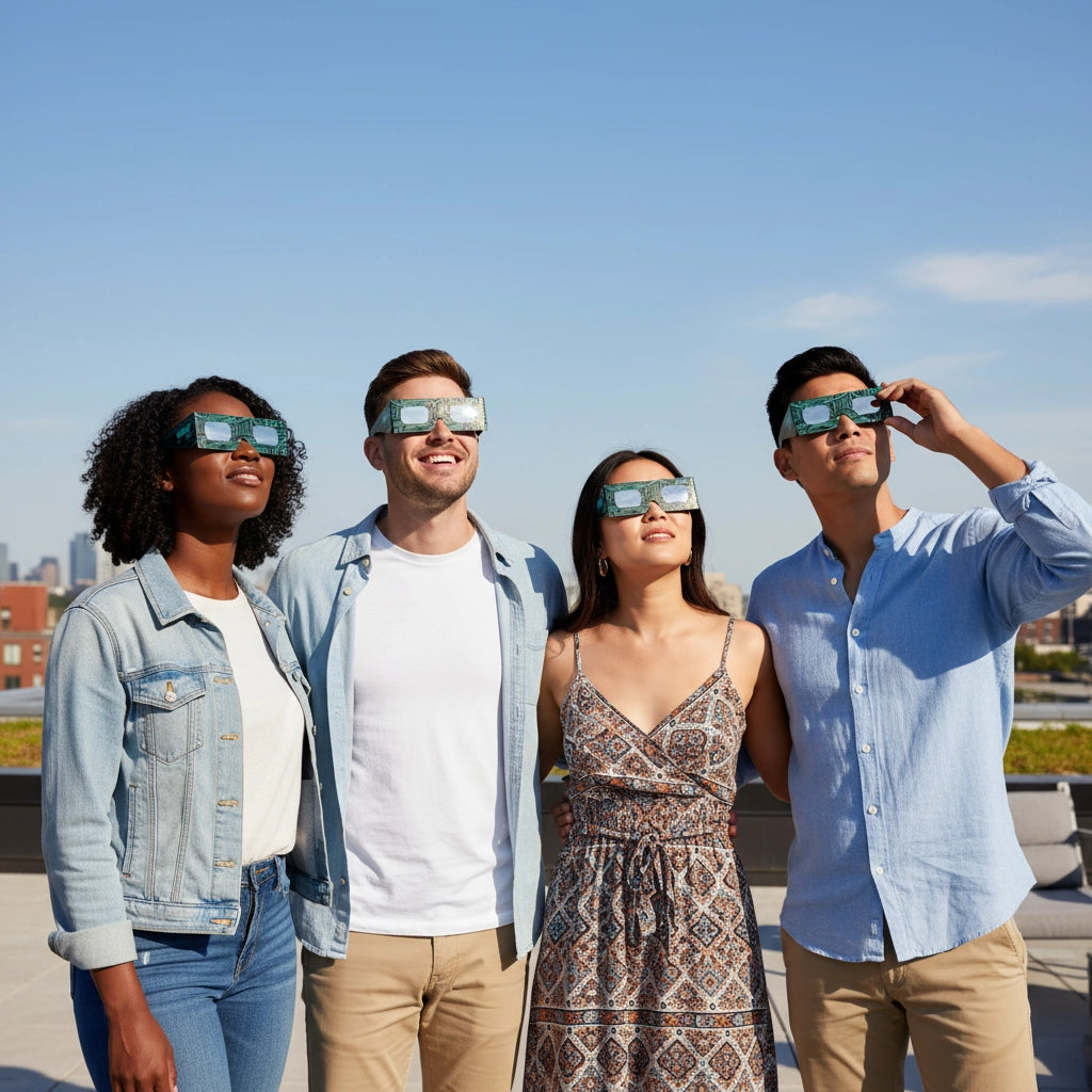 A group of four friends wearing Voltage eclipse glasses, sharing awe on a sunny rooftop, safely viewing the sky.