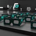 Showcasing Voltage solar eclipse glasses on a sleek aluminum surface, CE certified for safe viewing.