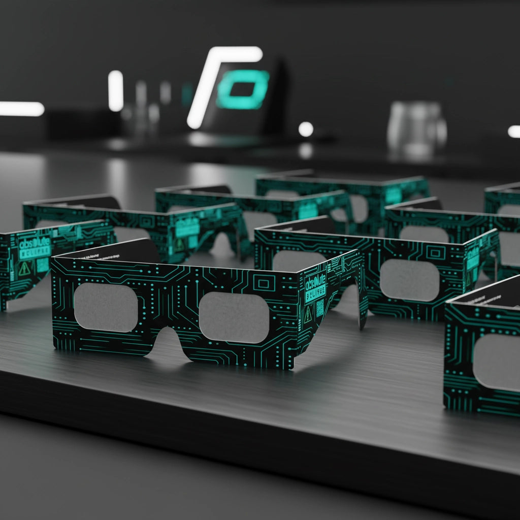 Showcasing Voltage solar eclipse glasses on a sleek aluminum surface, CE certified for safe viewing.