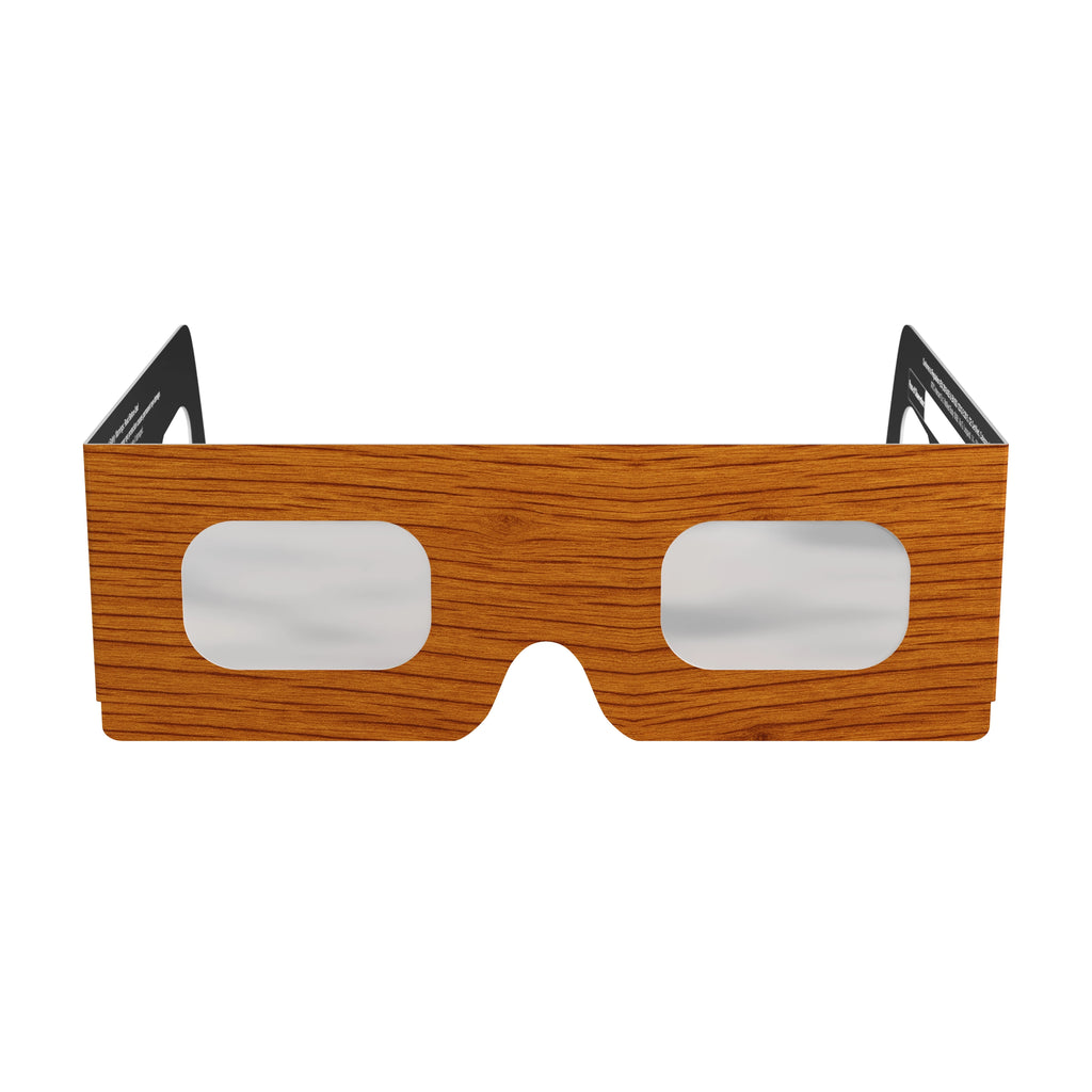 Front view of Wood design solar eclipse glasses showcasing the natural wood grain texture. ISO 12312-2 compliant.