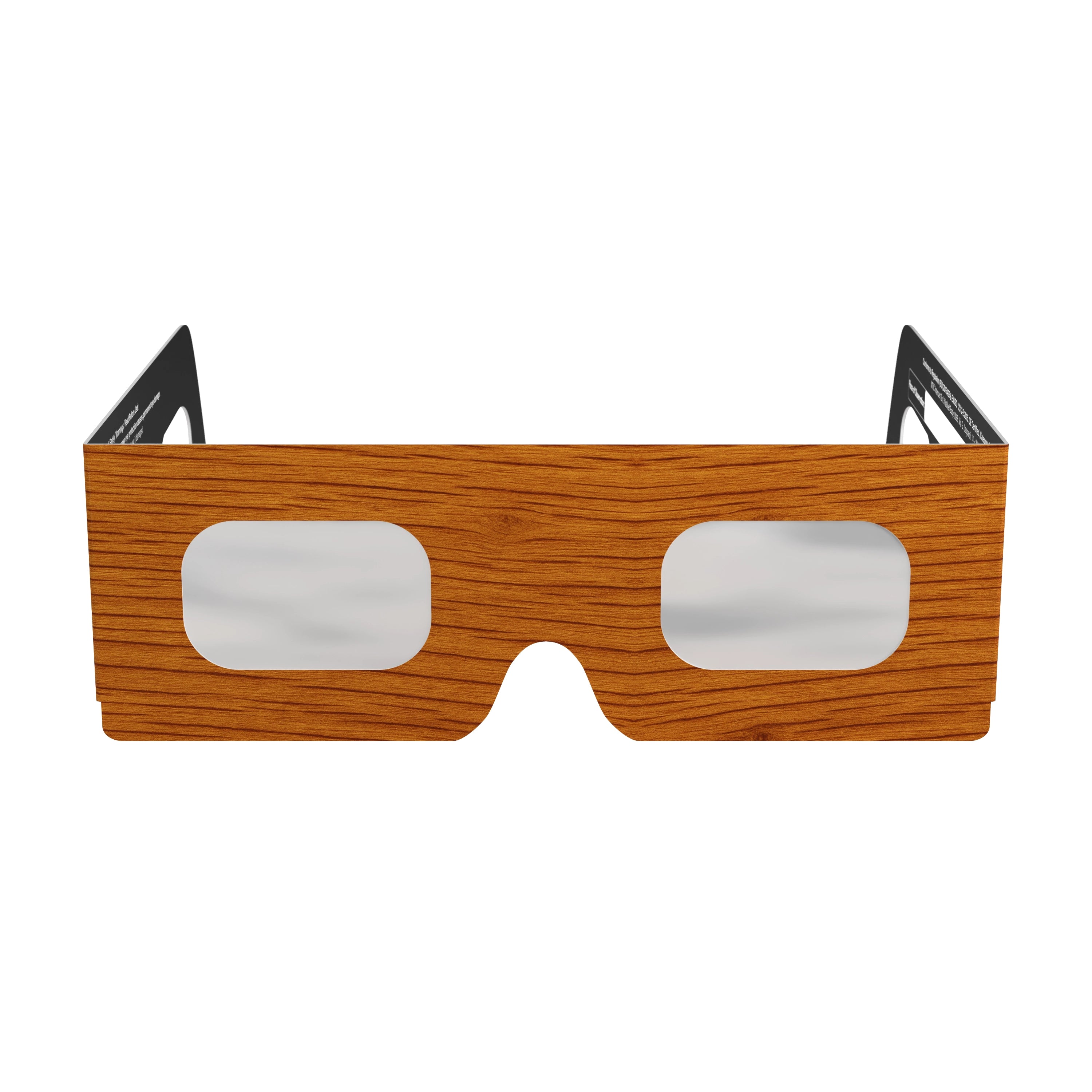 Front view of Wood design solar eclipse glasses showcasing the natural wood grain texture. ISO 12312-2 compliant.