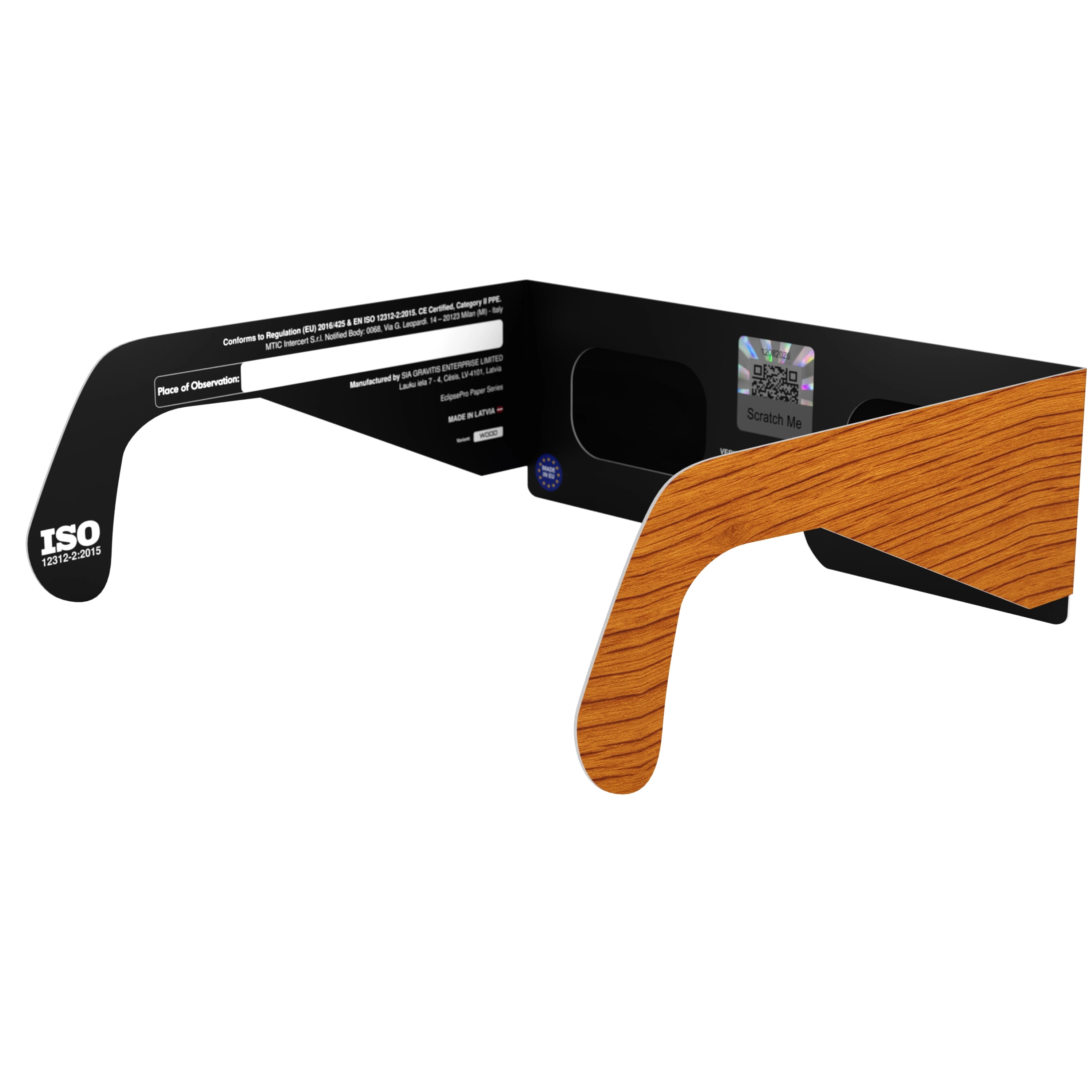 Back-side angle view of Wood design eclipse glasses, with visible QR authenticity sticker for quality assurance.