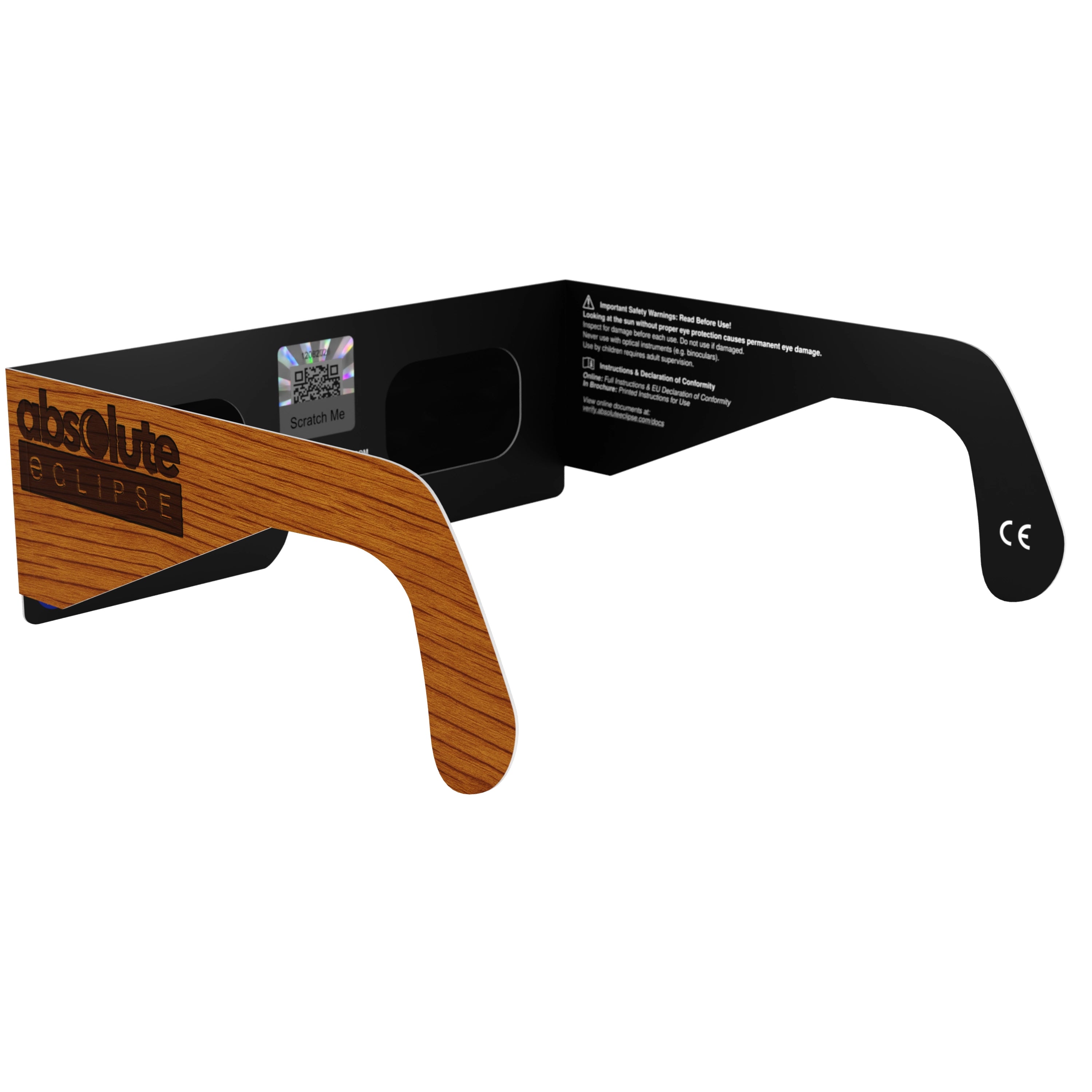 Back-side alternate angle of Wood design eclipse glasses, featuring the QR sticker for authenticity.