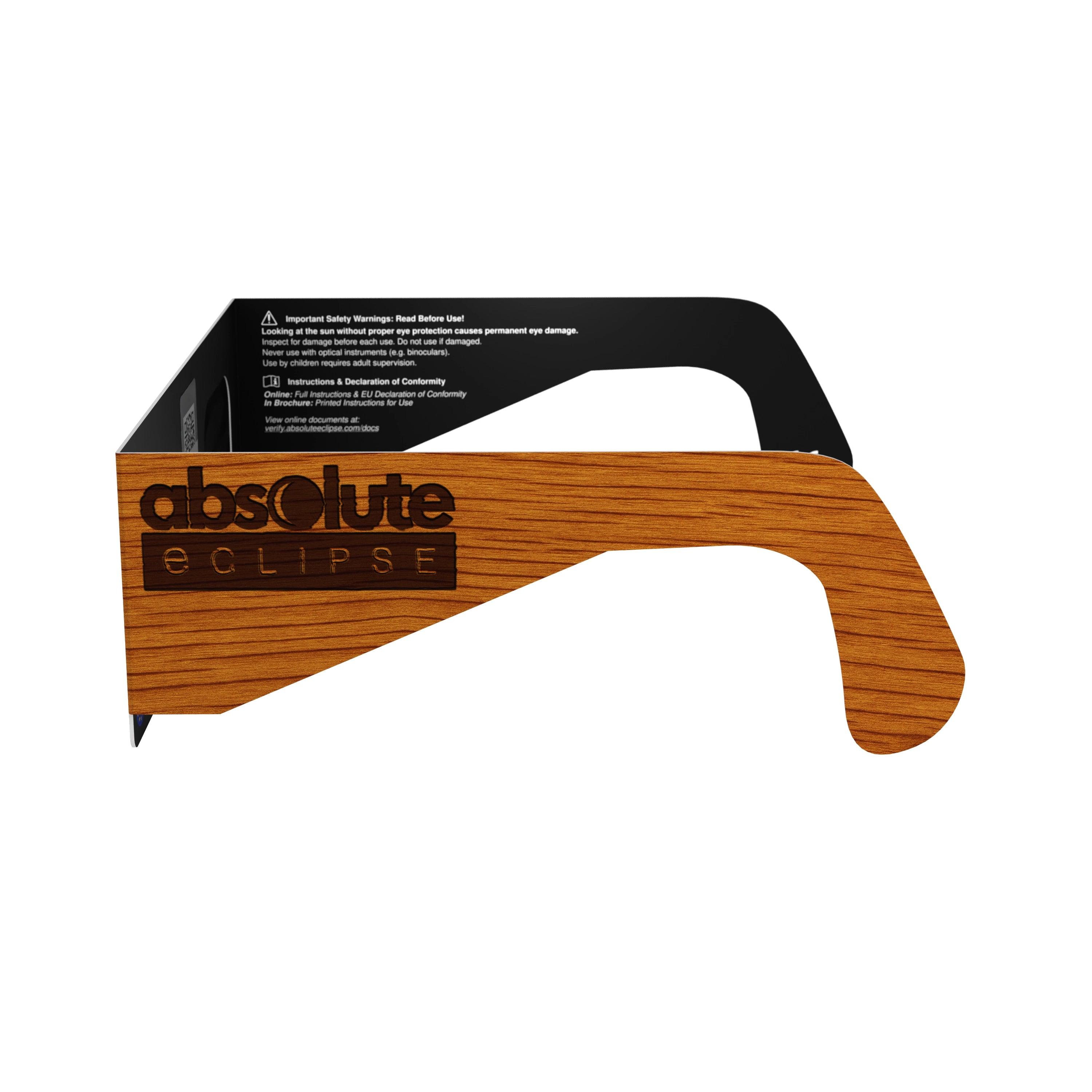Side alternate profile of Wood design solar eclipse glasses, emphasizing the natural wood grain texture.
