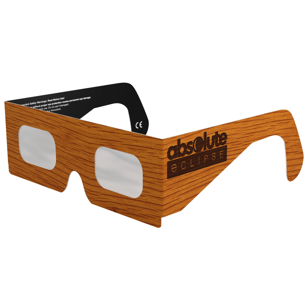 Front-side main angle view of Wood design eclipse glasses, highlighting the organic design and lens clarity.