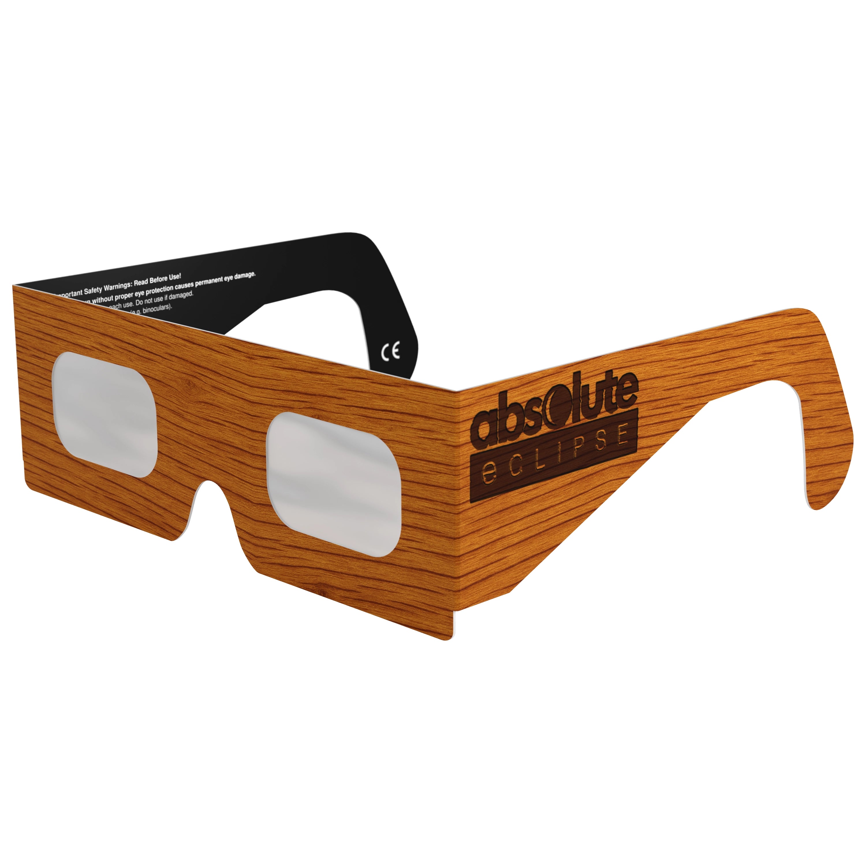 Front-side main angle view of Wood design eclipse glasses, highlighting the organic design and lens clarity.