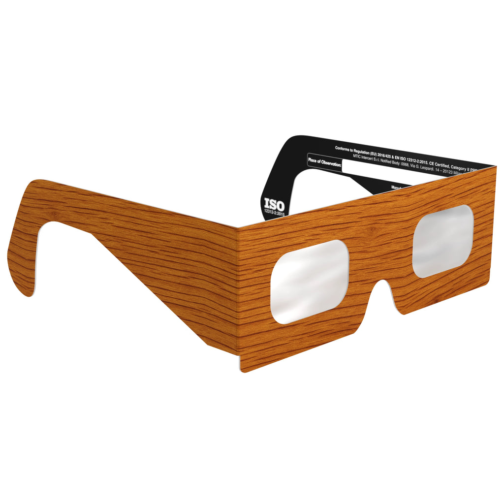45-degree angle view of Wood design eclipse glasses, highlighting the rustic design and flat lens surface. CE certified.