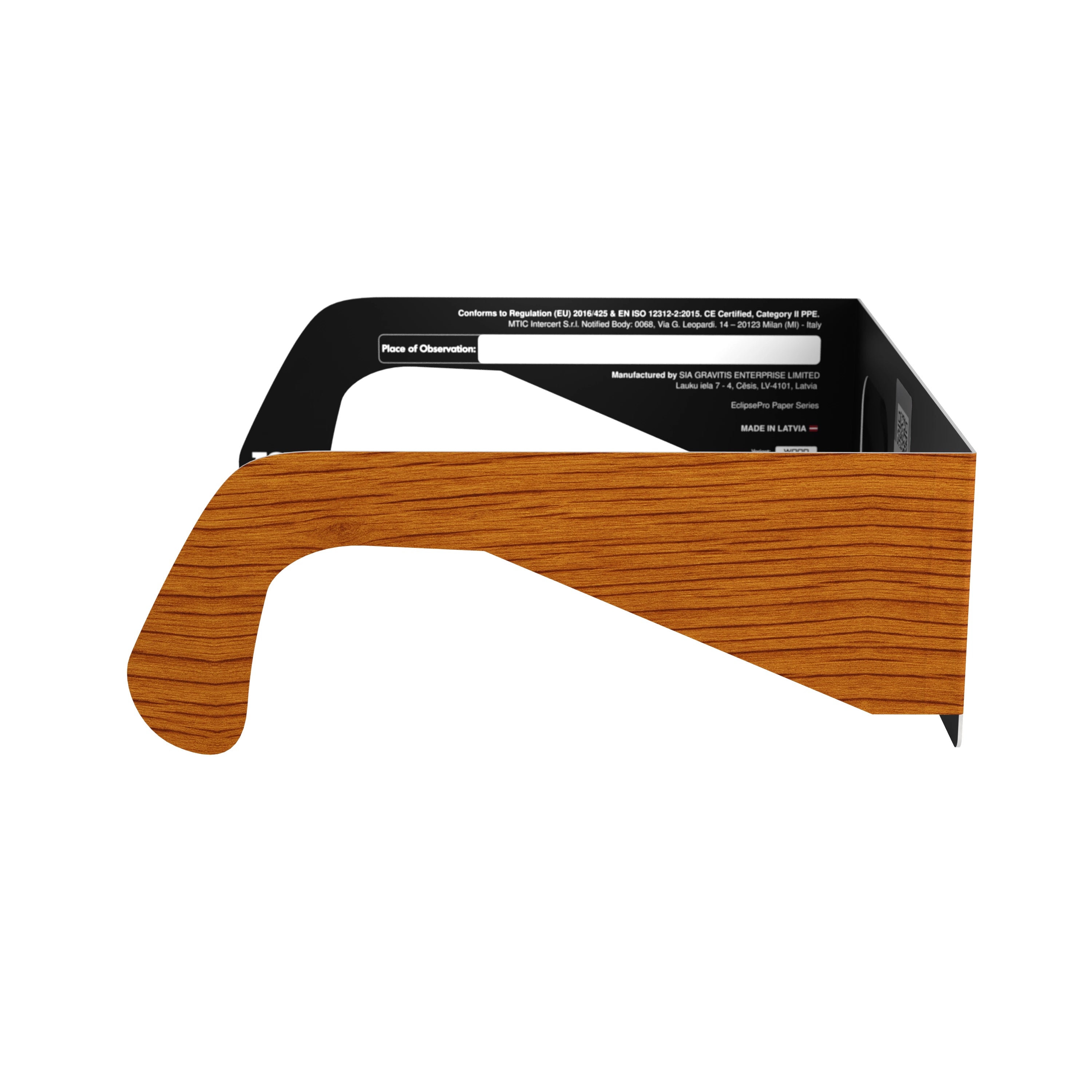 Side profile view of Wood design solar eclipse glasses, displaying the organic texture and lens quality. ISO 12312-2 certified.
