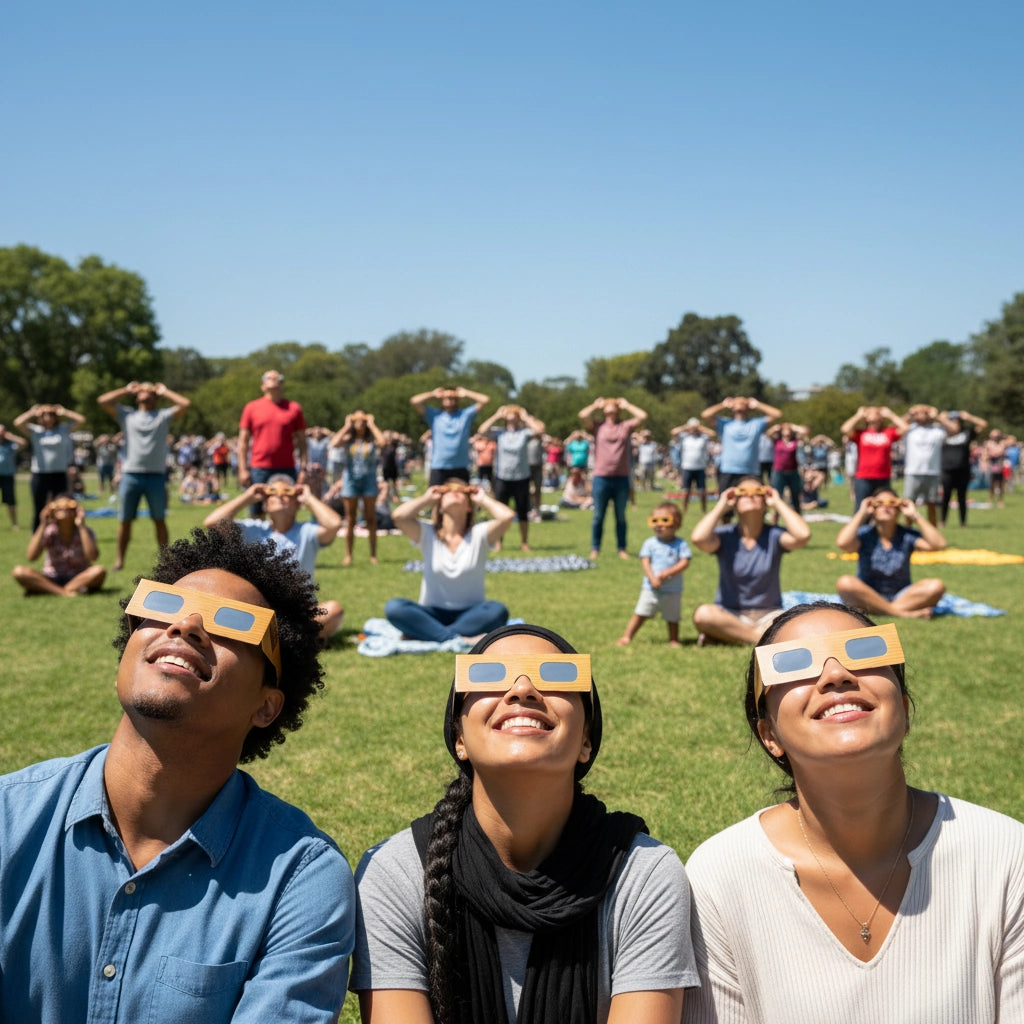Large crowd at a public park event, all wearing Wood design glasses and looking up at the sky in anticipation. CE certified for safe viewing.