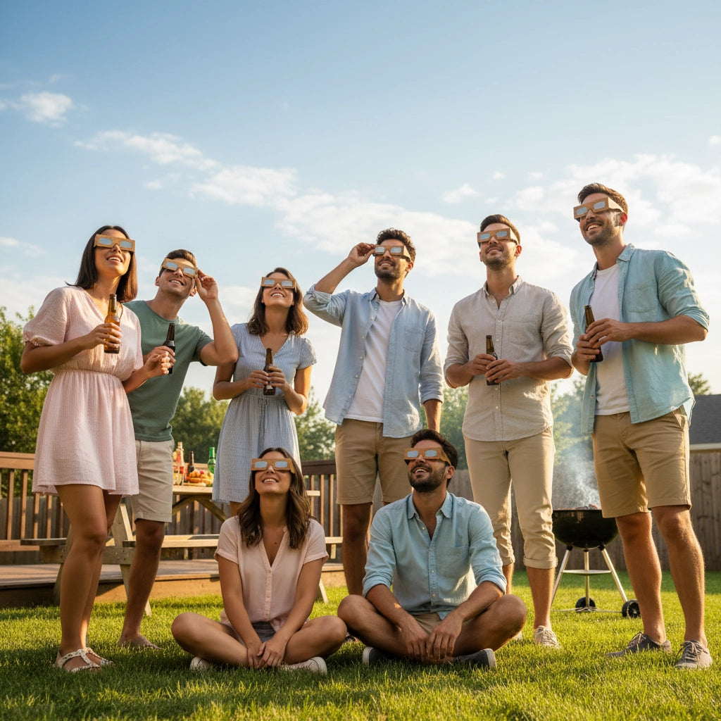 Diverse group at a backyard party, some wearing Wood design glasses, enjoying the moment under bright sunlight. CE certified for safety.