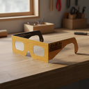 Elegant display of Wood design solar eclipse glasses on a rustic oak workbench, capturing a natural, organic ambiance.