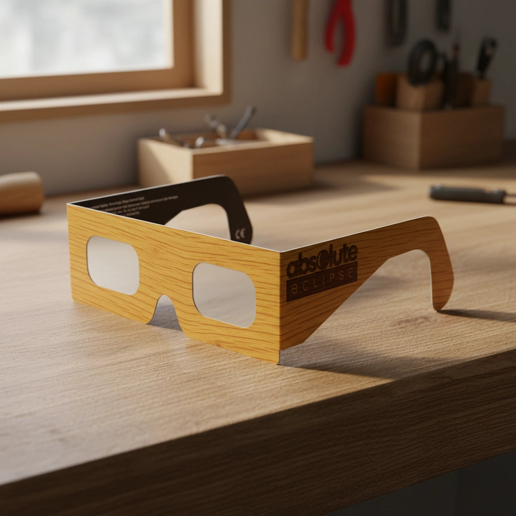 Elegant display of Wood design solar eclipse glasses on a rustic oak workbench, capturing a natural, organic ambiance. ISO 12312-2 certified.